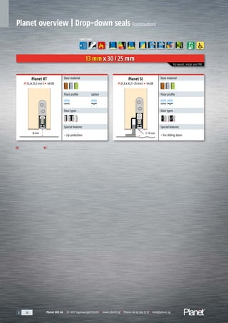Planet GDZ AG | CH-8317 Tagelswangen/Zurich | www.planet.ag | Phone +41 43 266 22 22 | mail@planet.ag2 20 Planet GDZ AG | CH-8317 Tagelswangen/Zurich | www.planet.ag | Phone +41 43 266 22 22 | mail@planet.ag2 20 Planet GDZ AG | CH-8317 Tagelswangen/Zurich | www.planet.ag | Phone +41 43 266 22 22 | mail@planet.ag
A
D
G
ENERGY
Planet SL
21,8x30,5-35mm | 44dB
Door material
Floor profile
A
D
G
A
D
G
Door types
Special features
- For sliding doors
Groove size Sound absorption value (dB)
for wood, metal and PVC
Planet KT
13,1x25,5mm | 48dB
Door material
Floor profile option
A
D
G
A
D
G
Door types
Special features
- Lip protection
18mm
FUNCTIONS
13 mm x 30 / 25 mm
Planet overview | Drop-down seals (continuation)
5–18mm
 