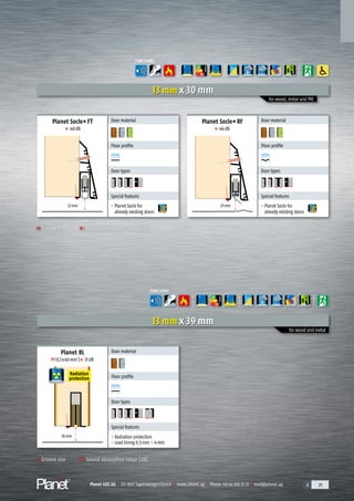 Planet GDZ AG | CH-8317 Tagelswangen/Zurich | www.planet.ag | Phone +41 43 266 22 22 | mail@planet.ag 2 25Planet GDZ AG | CH-8317 Tagelswangen/Zurich | www.planet.ag | Phone +41 43 266 22 22 | mail@planet.ag 2 25Planet GDZ AG | CH-8317 Tagelswangen/Zurich | www.planet.ag | Phone +41 43 266 22 22 | mail@planet.ag
22mm
Groove size Sound absorption value (dB)
Groove size Sound absorption value (dB)
Planet Socle+FT
48dB
Planet Socle+RF
44dB
Door material
Floor profile
A
D
G
Door types
Special features
- Planet Socle for
already existing doors
Door material
Floor profile
A
D
G
Door types
Special features
- Planet Socle for
already existing doors
13 mm x 30 mm
for wood, metal and PVC
25mm
FUNCTIONS
A
D
G
ENERGY
Planet BL
13,1x40mm | 31dB
Door material
Floor profile
A
D
G
Door types
Special features
- Radiation protection
- Lead lining 0,5mm – 4mm
13 mm x 39 mm
for wood and metal
18mm
Radiation
protection
FUNCTIONS
A
D
G
ENERGY
Overview
 