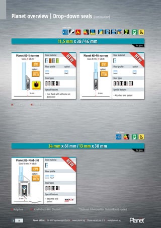 Planet GDZ AG | CH-8317 Tagelswangen/Zurich | www.planet.ag | Phone +41 43 266 22 22 | mail@planet.ag2 26 Planet GDZ AG | CH-8317 Tagelswangen/Zurich | www.planet.ag | Phone +41 43 266 22 22 | mail@planet.ag2 26 Planet GDZ AG | CH-8317 Tagelswangen/Zurich | www.planet.ag | Phone +41 43 266 22 22 | mail@planet.ag
Planet overview | Drop-down seals (continuation)
EV1EV1
Groove size Sound absorption value (dB)
Door material
Floor profile option
A
D
G
A
D
G
Door types
Special features
- Face fixed with adhesive on
glass door
11,5 mm x 38 / 46 mm
for glass
FUNCTIONS
A
D
G
ENERGY
Door material
Floor profile option
A
D
G
A
D
G
Door types
Special features
- Attached and pasted
16mm
Planet KG-F8 narrow
Glass 8mm, 48dB
8mm
Planet KG-S narrow
Glass, 48dB
16mm
*Option: Protection profile stainless steel satin anodised
Quick install
option:
STAINLESS
STEEL
*
option:
STAINLESS
STEEL
*
Glass10mm
Nutgrösse Schallschutz-Wert (Dezibel) *Optional: Schutzprofil in Edelstahl matt eloxiert
Planet KG-MinE-S10
Glass 10mm, 48dB
Door material
Floor profile
A
D
G
A
D
G
Door types
Special features
- Attached and
pasted
34 mm x 61 mm / 13 mm x 30 mm
for glass
27mm
FUNCTIONS
A
D
G
ENERGY
EV1
option:
STAINLESS
STEEL
*
Floor profile option
NEW
NEW
NEW
NEW
Floor profile option
NEW
NEW
 