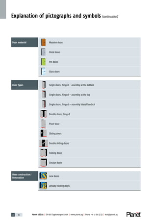 Planet GDZ AG | CH-8317 Tagelswangen / Zurich | www.planet.ag | Phone +41 43 266 22 22 | mail@planet.ag2 36 Planet GDZ AG | CH-8317 Tagelswangen / Zurich | www.planet.ag | Phone +41 43 266 22 22 | mail@planet.ag
Door material Wooden doors
Metal doors
PVC doors
Glass doors
Door types Single doors, hinged – assembly at the bottom
Single doors, hinged – assembly at the top
Single doors, hinged – assembly lateral / vertical
Double doors, hinged
Pivot-door
Sliding doors
Double sliding doors
Folding doors
Circular doors
New construction / 
Renovation
new doors
already existing doors
Explanation of pictographs and symbols (continuation)
 