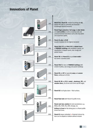 1 71 71 7
Innovations of Planet
2014 Planet TW and Planet US are just 8mm width –
the world's narrowest seals!
2015 Planet HS-plus: 55dB
Acoustic insulation for the highest standards!
2016
World first, Planet X3: resistant to driving rain 6A,
barrier-free with an authentic zero threshold –
no drainage channel necessary!
2010 Planet MinE for doors of MINERGIE buildings with
aeration facilities, low energy and passive buildings.
2014
Planet MinE-F/S and MinE-F/V for rebated doors
of MINERGIE-buildings with ventilation systems, air
equalization in trapped spaces, low-energy and
passive houses.
2016
Planet finger protection: Full range of roller blinds
and cover profiles as well as numerous aids and
practical technical innovations such as the clip system
and suspension system.
2003 Planet MF, RO and PU for metal-, aluminum, PVC- and
wooden doors, 20x20mm and 16mm seal lift height.
2002
Planet KG for all-glass doors – flush surfaces.
2002
Planet flush bolt with Planet HS profile 13mm.
2001
Planet rods/bars solution for lock manufacturer, e.g.
WILKA, BKS, FUHR, MSL, BMH, Strenger, etc.
Drilling 5x13mm for flat driving bars in a Planet profile
20mm and 13mm.
2000 Planet HS deeper embedded p Protected silicone lip.
Door can be adapted on bottom without removal.
2006 Planet RH and RF for especially wavy and uneven
floors, sealing up to 25mm.
Company
 
