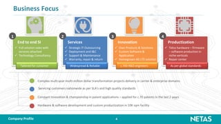4
Business Focus
End to end SI Services Innovation Productization
1 2 3 4
 Full solution sales with
services attached
 Technology Consultancy
 Strategic IT Outsourcing
 Deployment and I&C
 Support & Maintenance
 Warranty, repair & return
 Own Products & Solutions
 Custom Software &
Application
 Homegrown 4G LTE solution
 Telco hardware – firmware
– software production in
niche verticals
 Repair center
Tailored for customer Widespread & Reliable c.700 R&D engineers As per global standards
Servicing customers nationwide as per SLA’s and high quality standards
Hardware & software development and custom productization in 10K sqm facility
Complex multi-year multi-million dollar transformation projects delivery in carrier & enterprise domains
Constant innovation & championship in patent applications – applied for c.70 patents in the last 2 years
Company Profile
 