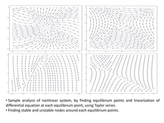 • Sample analysis of nonlinear system, by finding equilibrium points and linearization of
differential equation at each equilibrium point, using Taylor series.
• Finding stable and unstable nodes around each equilibrium points.
 