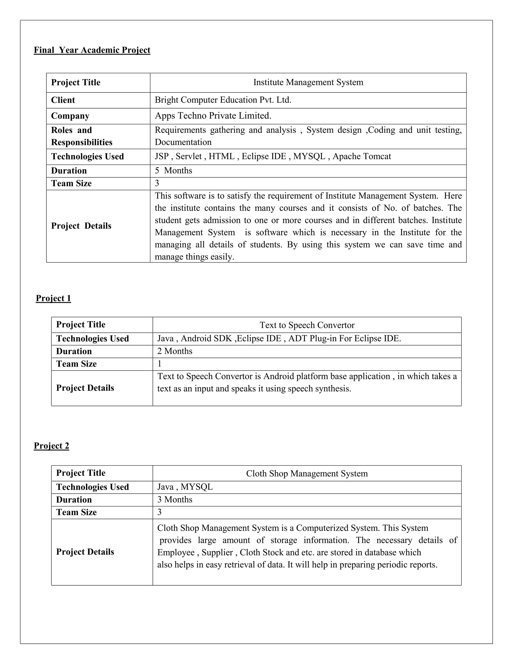 Final Year Academic Project
Project 1
Project 2
Project Title Institute Management System
Client Bright Computer Education Pvt. Ltd.
Company Apps Techno Private Limited.
Roles and
Responsibilities
Requirements gathering and analysis , System design ,Coding and unit testing,
Documentation
Technologies Used JSP , Servlet , HTML , Eclipse IDE , MYSQL , Apache Tomcat
Duration 5 Months
Team Size 3
Project Details
This software is to satisfy the requirement of Institute Management System. Here
the institute contains the many courses and it consists of No. of batches. The
student gets admission to one or more courses and in different batches. Institute
Management System is software which is necessary in the Institute for the
managing all details of students. By using this system we can save time and
manage things easily.
Project Title Text to Speech Convertor
Technologies Used Java , Android SDK ,Eclipse IDE , ADT Plug-in For Eclipse IDE.
Duration 2 Months
Team Size 1
Project Details
Text to Speech Convertor is Android platform base application , in which takes a
text as an input and speaks it using speech synthesis.
Project Title Cloth Shop Management System
Technologies Used Java , MYSQL
Duration 3 Months
Team Size 3
Project Details
Cloth Shop Management System is a Computerized System. This System
provides large amount of storage information. The necessary details of
Employee , Supplier , Cloth Stock and etc. are stored in database which
also helps in easy retrieval of data. It will help in preparing periodic reports.
 