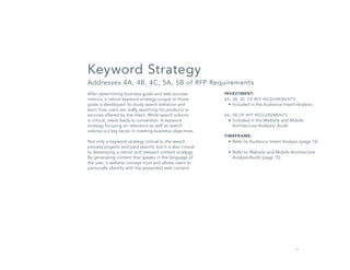 16
After determining business goals and web success
metrics, a robust keyword strategy unique to those
goals is developed to study search behavior and
learn how users are really searching for products or
services offered by the client. While search volume
is critical, intent leads to conversion. A keyword
strategy focusing on relevance as well as search
volume is a key factor in meeting business objectives.
Not only is keyword strategy critical to the search
process (organic and paid search), but it is also critical
to developing a robust and relevant content strategy.
By generating content that speaks in the language of
the user, a website conveys trust and allows users to
personally identify with the presented web content.
Keyword Strategy
Addresses 4A, 4B, 4C, 5A, 5B of RFP Requirements
INVESTMENT:
4A, 4B, 4C OF RFP REQUIREMENTS
•	Included in the Audience Intent Analysis
5A, 5B OF RFP REQUIREMENTS
•	Included in the Website and Mobile
Architecture Analysis/ Audit
TIMEFRAME:
•	Refer to Audience Intent Analysis (page 13)
•	Refer to Website and Mobile Architecture
Analysis/Audit (page 15)
 