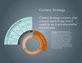 21
Content Strategy
The (Agency) Content Team has vast
experience in SEO content writing. Whether
working from a provided list of keywords
researched by the (Agency) Media Team or
writing from a themed approach, content is
always written with search engines and the
end-user in mind. With the increased focus
on quality content over keyword stuffing,
(Agency) has evolved with these changes,
advocating quality, well-written, useful
content that users will find valuable and want
to share. This is the new face of SEO and an
approach that (Agency) practices during any
content creation project.
Content Strategy uncovers what
a brand needs to say, how it
needs to say it and where/when
it is best said.
 