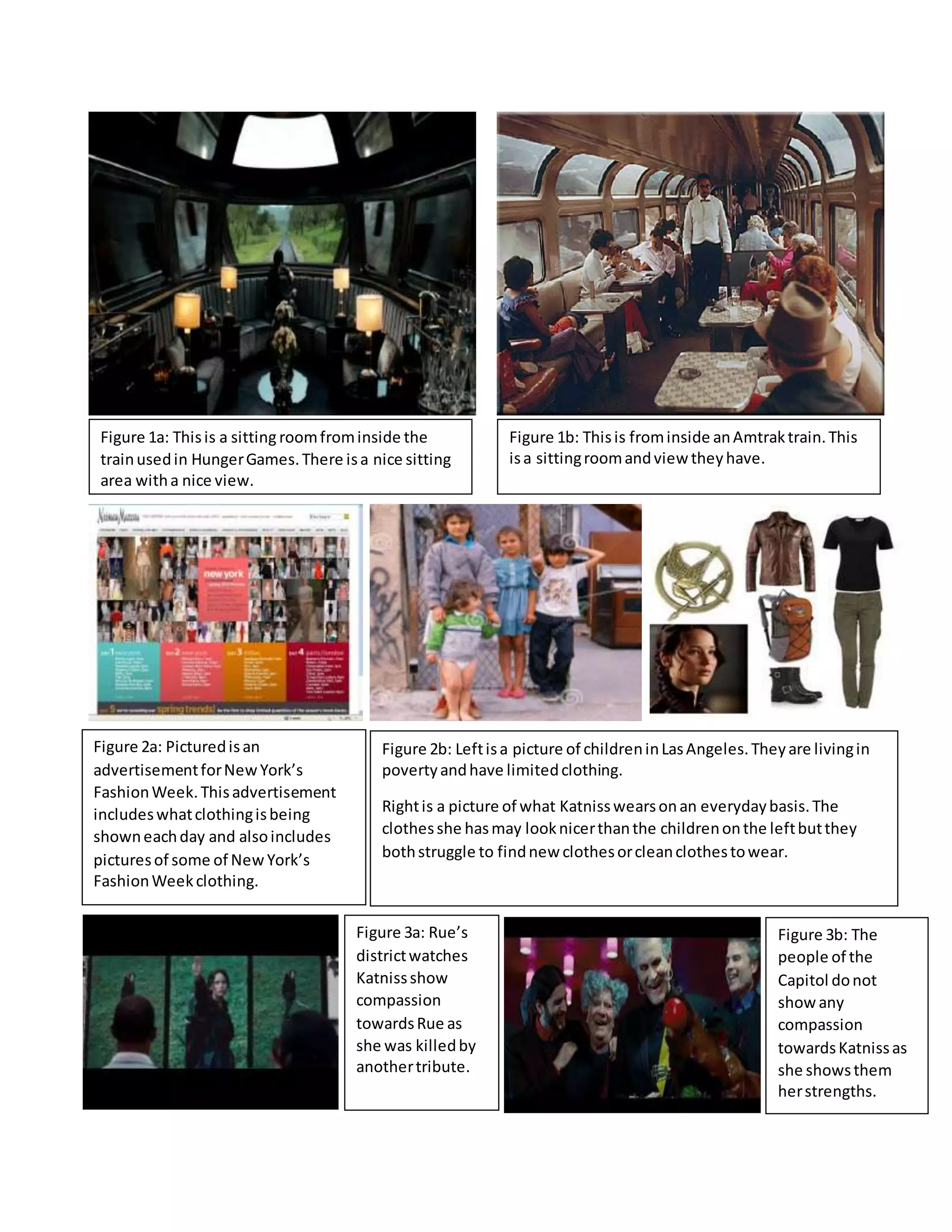 Figure 1a: Thisis a sitting roomfrominside the
trainusedin HungerGames.There isa nice sitting
area witha nice view.
Figure 1b: Thisis frominside anAmtraktrain.This
isa sittingroomandview theyhave.
Figure 2a: Picturedisan
advertisementforNewYork’s
FashionWeek.Thisadvertisement
includeswhatclothingisbeing
showneachday and alsoincludes
picturesof some of NewYork’s
FashionWeekclothing.
Figure 2b: Leftisa picture of childreninLasAngeles.Theyare livingin
povertyandhave limitedclothing.
Rightis a picture of what Katnisswearsonan everydaybasis.The
clothesshe hasmay looknicerthanthe childrenonthe leftbutthey
bothstruggle to findnew clothesorcleanclothestowear.
Figure 3a: Rue’s
districtwatches
Katnissshow
compassion
towardsRue as
she was killedby
anothertribute.
Figure 3b: The
people of the
Capitol donot
showany
compassion
towardsKatnissas
she showsthem
herstrengths.
 