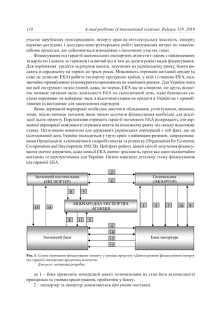 участю зарубіжних генпідрядників; імпорту прав на інтелектуальну власність; імпорту
науково-дослідних і дослідно-конструкторських робіт; капітальних витрат по інвести-
ційним проектам, що здійснюються компаніями з іноземною участю, тощо.
Фінансування під гарантії національних експортних агентств є одним з найдешевших
за вартістю і довгих за терміном (зазвичай від п’яти до десяти років) видів фінансування.
Для порівняння: кредити за рахунок коштів, залучених на українському ринку, банки ви-
дають в середньому на термін до трьох років. Можливість отримати вигідний кредит (а
саме це дозволяє ЕКА) робить експортну продукцію країни, у якій і створено ЕКА, над-
звичайно привабливою та конкурентоспроможною на зовнішніх ринках. Для України поки
що цей інструмент недоступний, адже, по-перше, ЕКА ще не створено, по-друге, водно-
час виникає питання щодо доцільності ЕКА на сьогоднішній день, адже банківська си-
стема переживає не найкращі часи, а відсоткові ставки на кредити в Україні не є приваб-
ливими та вигідними для закордонних партнерів.
Якщо державній корпорації необхідно закупити обладнання, устаткування, машини,
тощо, звісно виникає питання, яким чином залучити фінансування необхідне для реалі-
зації цього проекту. Перспективи отримати гарантії іноземного ЕКА відкривають для дер-
жавної корпорації можливості отримати кошти на іноземному ринку під низьку відсоткову
ставку. Негативним моментом для державних українських корпорацій є той факт, що на
сьогоднішній день Україна знаходиться у групі країн з найвищим ризиком, запропонова-
ними Організацією з економічного співробітництва та розвитку (Organisation for Economic
Co-operation and Development, OECD). Цей факт робить даний спосіб залучення фінансу-
вання значно дорожчим, адже комісії ЕКА значно зростають, проте все одно надзвичайно
вигідним та перспективним для України. Нижче наведено детальну схему фінансування
під гарантії ЕКА.
де 1 – банк проводить попередній аналіз позичальника на стан його відповідності
принципам та умовам кредитування, прийнятим у банку;
2 – експортер та імпортер домовляються про умови поставки;
138 Actual problems of international relations. Release 129. 2016
( ) ( )6
2
4
8 5
8 11 5
1 3 7 913 14
10
12
15
16
Рис. 1. Схема отримання фінансування імпорту у рамках продукту «Довгострокове фінансування імпорту
під гарантії експортних кредитних агентств».
Джерело: авторська розробка.
 