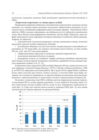 суспільства, змушуючи, водночас, Кубу активізувати зовнішньополітичну взаємодію зі
США.
«Туристичне вторгнення» та «пивна криза» на Кубі
Покращення американо-кубинських дипломатичних відносин було зумовлено низкою
чинників, але значною мірою визначено подальшою лібералізацією економіки та сус-
пільного життя, ініційованих реформами нового очільника держави – Рауля Кастро. Після
набуття у 2008 р. владних повноважень, що відбувалося на тлі глобального економічного
спаду, Рауль Кастро почав реформувати економічну систему Куби. Передусім, пакет ре-
форм зменшували ступінь державного контролю економіки та особистих свобод громадян.
Зокрема, це торкалося:
• децентралізації сільськогосподарського сектору (мешканцям острову дозволено
орендувати земельні ділянки терміном на 10 років);
• послаблення обмежень для суб’єктів малого підприємництва («самозайнятість»
розширена до 178 видів робіт, що означало легалізацію малого бізнесу, де нині задіяно
496 тис. осіб., або 4,5% населення країни);
• лібералізації ринку нерухомості (дозволено торгувати нерухомістю);
• полегшення можливостей виїзду за кордон;
• розширення доступу до споживчих товарів (дозволено придбання персональних
комп’ютерів, купівлю-продаж потриманих автомобілів, держбанки почали видавати кре-
дити приватним особам) та ін. [5, 15].
Історичному візиту президента США на Кубу (березень 2016 р.), який політичні огля-
дачі порівняли з візитами Річарда Ніксона у 1972 р. в Китай та Рональда Рейгана у 1988
р. до СРСР [3], передувала підготовча робота. Ще у грудні 2014 р. Барак Обама з кабінету
Білого Дому оголосив про початок «нового підходу» в політиці США щодо Куби, ви-
знавши, що «ізоляція не спрацювала» та доручив повторне встановлення дипломатичних
відносин, а також економічних та туристичних зв’язків з комуністичним островом [14].
На відлигу у відносинах між США та Кубою миттєво відреагували іноземні туристи,
за підсумками 2015 р. острів отримав додаткових 1,5 млн. прибуттів. В цілому, обсяг в’їз-
ного туристичного потоку на Кубу в 2015 р. склав 3,5 млн. міжнародних туристичних ві-
зитів (рис. 2). Серед них помітно зросла кількість громадян США (рис. 5), втім левова
частка візитів як і раніше припадає на громадян Канади.
26
Рис. 5. Динаміка візитів громадян США на Кубу, 2009-2015 роки.
Джерело: авторська розробка за матеріалами [5; 10].
Actual problems of international relations. Release 129. 2016
 