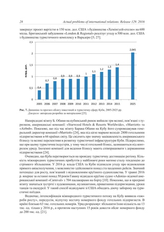завершує проект вартістю в 150 млн. дол. США з будівництва «Хемінгуей-отелю» на 600
місць. Британський забудовник «London & Regional» реалізує угоду в 500 млн. дол. США
з будівництва туристичного комплексу в Варадеро [5; 27].
Напередодні візиту Б. Обами на кубинський ринок вийшли три великі, пов’язані з ту-
ризмом, американські компанії: «Starwood Hotels & Resorts Worldwide», «Marriott» та
«Airbnb». Показово, що під час візиту Барака Обами на Кубу його супроводжував гене-
ральний директор компанії «Marriott» [24], яка під цією маркою володіє 2800 готельними
підприємствами в 66 країнах світу. Це свідчить про значну зацікавленість американського
бізнесу та великі перспективи в розвитку туристичної інфраструктури Куби. Підкреслимо,
що при цьому туристична індустрія, у тому числі готельний бізнес, залишаються під конт-
ролем уряду. Іноземні компанії для ведення бізнесу мають співпрацювати з державними
підприємствами [24].
Очевидно, що Куба перетворюється на провідну туристичну дестинацію регіону. Кіль-
кість міжнародних туристичних прибуттів у найближчі роки матиме сталу тенденцію до
стрімкого збільшення. У 2016 р. влада США та Куби підписали угоду про відновлення
прямого авіасполучення, з можливістю здійснювати понад ста щоденних рейсів. Значний
потенціал для росту, пов’язаний з відновленням круїзного судноплавства. У травні 2016
р. вперше за останні понад 50 років Гавану відвідало круїзне судно «Adonia» відомої аме-
риканської компанії «Carnival» з 704 пасажирами на борту [10]. Показово, що в програмі
візиту значаться зустрічі з художниками, музикантами, приватними підприємцями, уроки
танців та екскурсії. У такий спосіб відвідувачі зі США обходять діючу заборону на тури-
стичні поїздки.
Водночас, інтенсифікація міжнародного туристичного потоку на Кубу виявила «хво-
роби росту», передусім, відчутну нестачу номерного фонду готельних підприємств. В
країні близько 63 тис. готельних номерів. Уряд розраховує збільшити їхню кількість на 13
тис. од. тільки у 2016 р., а протягом наступних 15 років довести обсяг номерного фонду
до 200 тис. од. [21].
28
Рис. 7. Динаміка та прогноз обсягу інвестицій в туристичну сферу Куби, 2005-2025 рр.
Джерело: авторська розробка за матеріалами [25].
Actual problems of international relations. Release 129. 2016
 