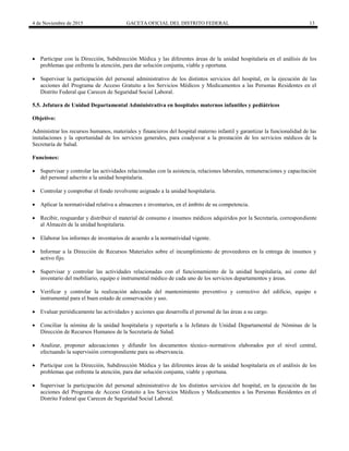 4 de Noviembre de 2015 GACETA OFICIAL DEL DISTRITO FEDERAL 13
 Participar con la Dirección, Subdirección Médica y las diferentes áreas de la unidad hospitalaria en el análisis de los
problemas que enfrenta la atención, para dar solución conjunta, viable y oportuna.
 Supervisar la participación del personal administrativo de los distintos servicios del hospital, en la ejecución de las
acciones del Programa de Acceso Gratuito a los Servicios Médicos y Medicamentos a las Personas Residentes en el
Distrito Federal que Carecen de Seguridad Social Laboral.
5.5. Jefatura de Unidad Departamental Administrativa en hospitales maternos infantiles y pediátricos
Objetivo:
Administrar los recursos humanos, materiales y financieros del hospital materno infantil y garantizar la funcionalidad de las
instalaciones y la oportunidad de los servicios generales, para coadyuvar a la prestación de los servicios médicos de la
Secretaría de Salud.
Funciones:
 Supervisar y controlar las actividades relacionadas con la asistencia, relaciones laborales, remuneraciones y capacitación
del personal adscrito a la unidad hospitalaria.
 Controlar y comprobar el fondo revolvente asignado a la unidad hospitalaria.
 Aplicar la normatividad relativa a almacenes e inventarios, en el ámbito de su competencia.
 Recibir, resguardar y distribuir el material de consumo e insumos médicos adquiridos por la Secretaría, correspondiente
al Almacén de la unidad hospitalaria.
 Elaborar los informes de inventarios de acuerdo a la normatividad vigente.
 Informar a la Dirección de Recursos Materiales sobre el incumplimiento de proveedores en la entrega de insumos y
activo fijo.
 Supervisar y controlar las actividades relacionadas con el funcionamiento de la unidad hospitalaria, así como del
inventario del mobiliario, equipo e instrumental médico de cada uno de los servicios departamentos y áreas.
 Verificar y controlar la realización adecuada del mantenimiento preventivo y correctivo del edificio, equipo e
instrumental para el buen estado de conservación y uso.
 Evaluar periódicamente las actividades y acciones que desarrolla el personal de las áreas a su cargo.
 Conciliar la nómina de la unidad hospitalaria y reportarla a la Jefatura de Unidad Departamental de Nóminas de la
Dirección de Recursos Humanos de la Secretaría de Salud.
 Analizar, proponer adecuaciones y difundir los documentos técnico–normativos elaborados por el nivel central,
efectuando la supervisión correspondiente para su observancia.
 Participar con la Dirección, Subdirección Médica y las diferentes áreas de la unidad hospitalaria en el análisis de los
problemas que enfrenta la atención, para dar solución conjunta, viable y oportuna.
 Supervisar la participación del personal administrativo de los distintos servicios del hospital, en la ejecución de las
acciones del Programa de Acceso Gratuito a los Servicios Médicos y Medicamentos a las Personas Residentes en el
Distrito Federal que Carecen de Seguridad Social Laboral.
 