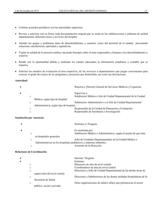 4 de Noviembre de 2015 GACETA OFICIAL DEL DISTRITO FEDERAL 15
 Celebrar acuerdos periódicos con las autoridades superiores.
 Revisar y autorizar con su firma, toda documentación original que se emita en las subdirecciones o jefaturas de unidad
departamental, diferentes áreas y servicios del hospital.
 Atender las quejas y problemas tanto de derechohabientes y usuarios, como del personal de la unidad, procurando
soluciones satisfactorias, oportunas y equitativas.
 Vigilar la calidad de la atención médica, haciendo hincapié sobre el trato responsable y humano a los derechohabientes y
usuarios.
 Rendir con la oportunidad debida y mediante los canales adecuados la información estadística y contable que se
requiera.
 Solicitar los estudios de evaluación al área respectiva, de los servicios o departamentos que juzgue convenientes para
conocer el grado de avance de los programas y proyectos que desarrollan, así como sus desviaciones.
Autoridad:
 Reporta a: Director General de Servicios Médicos y Urgencias.
 Supervisa a:
o Subdirector Médico o Jefe de Unidad Departamental de la Unidad
Médica, según tipo de hospital.
o Subdirector Administrativo o el Jefe de Unidad Departamental
Administrativa, según tipo de hospital.
o Responsable de la Unidad de Planeación y Evaluación.
o Responsable de Enseñanza e Investigación.
Sustitución por Ausencia:
 Sustituye a: Ninguno.
 Es sustituido por:
o Subdirector Médico o Administrativo, según el asunto de que trate
en hospitales generales.
o Jefes de Unidades Departamentales de la Unidad Médica o
Administrativas en los hospitales pediátricos y maternos infantiles.
o Asistente de la Dirección.
Relaciones de Coordinación
 Internas: Ninguna.
 Externas:
o Directores de área de nivel central.
o Coordinadores de área de nivel central.
o Directores o Jefes de Unidad Departamental de las demás áreas de
supervisión del nivel central.
o Directores y Subdirectores de las demás unidades hospitalarias de la
Secretaría de Salud.
o Otras organizaciones de salud o afines que pertenezcan al sector
público, social o privado.
 