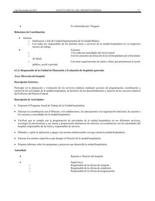4 de Noviembre de 2015 GACETA OFICIAL DEL DISTRITO FEDERAL 17
 Es substituido por: Ninguno.
Relaciones de Coordinación:
 Internas:
o Subdirector o Jefe de Unidad Departamental de la Unidad Médica.
o Con todos los responsables de las distintas áreas y servicios de la unidad hospitalaria en su respectivo
horario de trabajo.
 Externas:
o Con todas las autoridades del nivel central.
o Con los asistentes de dirección de la red hospitalaria de la Secretaría
de Salud.
o Con otras organizaciones de salud o afines que pertenezcan al sector
público, social o privado.
6.1.2. Responsable de la Unidad de Planeación y Evaluación de hospitales generales
Área: Dirección del hospital
Descripción Genérica:
Participar en la planeación y evaluación de los servicios médicos mediante acciones de programación, coordinación y
control de las actividades de la unidad hospitalaria, en beneficio de los derechohabientes y usuarios de los servicios médicos
del Gobierno del Distrito Federal.
Descripción de Actividades:
 Proponer el Programa Anual de Trabajo de la Unidad hospitalaria.
 Efectuar en coordinación con el Director y los subdirectores, las adecuaciones a la organización funcional, de acuerdo a
los recursos y necesidades de la unidad hospitalaria.
 Verificar que se cumpla con la programación de actividades de la unidad hospitalaria en sus diferentes servicios,
investigar las desviaciones y sus causas y proporcionar alternativas de solución, en coordinación con las autoridades del
hospital, responsables de las áreas y responsables de servicio.
 Difundir y vigilar la aplicación y apego a las normas institucionales con que cuenta la unidad hospitalaria.
 Efectuar los estudios específicos que designe el Director de la unidad hospitalaria.
 Preparar informes sobre los programas y proyectos que desarrolla la unidad hospitalaria.
Autoridad:
 Reporta a: Director del hospital.
 Supervisa a:
o Responsable de la oficina de cómputo.
o Responsable de la oficina de estadística.
o Responsable de la oficina de programación.
 