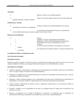 4 de Noviembre de 2015 GACETA OFICIAL DEL DISTRITO FEDERAL 19
Autoridad:
 Reporta a: Director de la unidad hospitalaria.
 Supervisa a: Personal médico titular de los cursos de enseñanza de
pregrado, posgrado y educación continua.
Sustitución por Ausencia:
 Sustituye a: Director de la unidad hospitalaria en los asuntos
relacionados con el área de su competencia.
 Es sustituido por: Responsables de las áreas, responsable del
servicio médico adscrito que corresponda, según el asunto de que se trate.
Relaciones de Coordinación:
 Internas:
o Subdirector o Jefe de Unidad Departamental Médico.
o Subdirector o Jefe de Unidad Departamental Administrativo.
o Responsables de las áreas y responsables de servicio.
 Externas:
o Con la Dirección de Enseñanza e Investigación y áreas que la
integran.
o Con instituciones de enseñanza superior y escuelas de enfermería de
la secretaría.
6.2 Subdirector Médico en hospitales generales
Área: Dirección del hospital
Descripción Genérica:
Programar, coordinar, controlar y evaluar las acciones y actividades técnico-médicas que realizan los diversos servicios que
integran la Subdirección Médica y que otorgan directamente la atención a los derechohabientes y usuarios.
Descripción de Actividades:
 Analizar el diagnóstico situacional de la unidad para efectos de programar las actividades sustantivas de las diferentes
áreas a su cargo, en apego a los objetivos de la unidad hospitalaria.
 Programar en coordinación con la Unidad de Planeación y Evaluación las actividades de las diferentes áreas y servicios
que integran la Subdirección Médica.
 Programar y realizar reuniones periódicas con los responsables de las áreas, para la identificación de desviaciones y/o
problemática, así como para el análisis e implementación de la corrección de soluciones más pertinentes.
 Conocer, analizar e implementar las políticas, normas y reglamentos institucionales y de la Secretaría de Salud, en
materia de atención médica.
 Formular y establecer con los responsables de las áreas, las estrategias básicas de trabajo para el desarrollo de las
funciones en su área.
 Planear en coordinación con la Unidad de Planeación y Evaluación y las diferentes áreas, la elaboración de
procedimientos técnicos que sistematicen las actividades de los servicios de la unidad hospitalaria.
 