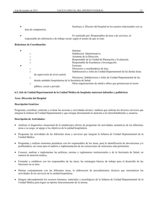 4 de Noviembre de 2015 GACETA OFICIAL DEL DISTRITO FEDERAL 21
 Sustituye a: Director del hospital en los asuntos relacionados con su
área de competencia.
 Es sustituido por: Responsables de área o de servicios, el
responsable de enfermería o de trabajo social, según el asunto de que se trate.
Relaciones de Coordinación:
 Internas:
o Subdirector Administrativo.
o Asistente de la Dirección.
o Responsable de la Unidad de Planeación y Evaluación.
o Responsable de Enseñanza e Investigación.
 Externas:
o Directores y coordinadores de área.
o Subdirectores o Jefes de Unidad Departamental de las demás áreas
de supervisión de nivel central.
o Directores, Subdirectores o Jefes de Unidad Departamental de las
demás unidades hospitalarias de la Secretaría de Salud.
o Otras organizaciones de salud o afines que pertenezcan al sector
público, social o privado.
6.3. Jefe de Unidad Departamental de la Unidad Médica de hospitales maternos infantiles y pediátricos
Área: Dirección del Hospital
Descripción Genérica:
Programar, coordinar, controlar y evaluar las acciones y actividades técnico- médicas que realizan los diversos servicios que
integran la Jefatura de Unidad Departamental y que otorgan directamente la atención a los derechohabientes y usuarios.
Descripción de Actividades:
 Analizar el diagnóstico situacional de la unidad para efectos de programar las actividades sustantivas de las diferentes
áreas a su cargo, en apego a los objetivos de la unidad hospitalaria.
 Programar las actividades de las diferentes áreas y servicios que integran la Jefatura de Unidad Departamental de la
Unidad Médica.
 Programar y realizar reuniones periódicas con los responsables de las áreas, para la identificación de desviaciones y/o
problemática, así como para el análisis e implementación de las correcciones de soluciones más pertinentes.
 Conocer, analizar e implementar las políticas, normas y reglamentos institucionales y de la Secretaría de Salud, en
materia de atención médica.
 Formular y establecer con los responsables de las áreas, las estrategias básicas de trabajo para el desarrollo de las
funciones en su área.
 Planear conjuntamente con las diferentes áreas, la elaboración de procedimientos técnicos que sistematicen las
actividades de los servicios de la unidad hospitalaria.
 Integrar adecuadamente los recursos humanos, materiales y tecnológicos de la Jefatura de Unidad Departamental de la
Unidad Médica para lograr un óptimo funcionamiento de la misma.
 