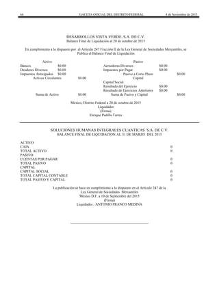 66 GACETA OFICIAL DEL DISTRITO FEDERAL 4 de Noviembre de 2015
DESARROLLOS VISTA VERDE, S.A. DE C.V.
Balance Final de Liquidación al 20 de octubre de 2015
En cumplimiento a lo dispuesto por el Artículo 247 Fracción II de la Ley General de Sociedades Mercantiles, se
Publica el Balance Final de Liquidación
Activo Pasivo
Bancos $0.00 Acreedores Diversos $0.00
Deudores Diversos $0.00 Impuestos por Pagar $0.00
Impuestos Anticipados $0.00 Pasivo a Corto Plazo $0.00
Activos Circulantes $0.00 Capital
Capital Social
Resultado del Ejercicio $0.00
Resultado de Ejercicios Anteriores $0.00
Suma de Activo $0.00 Suma de Pasivo y Capital $0.00
México, Distrito Federal a 20 de octubre de 2015
Liquidador
(Firma)
Enrique Padilla Torres
SOLUCIONES HUMANAS INTEGRALES CUANTICAS S.A. DE C.V.
BALANCE FINAL DE LIQUIDACION AL 31 DE MARZO DEL 2015
ACTIVO
CAJA 0
TOTAL ACTIVO 0
PASIVO
CUENTAS POR PAGAR 0
TOTAL PASIVO 0
CAPITAL
CAPITAL SOCIAL 0
TOTAL CAPITAL CONTABLE 0
TOTAL PASIVO Y CAPITAL 0
La publicación se hace en cumplimiento a lo dispuesto en el Artículo 247 de la
Ley General de Sociedades Mercantiles
México D.F. a 10 de Septiembre del 2015
(Firma)
Liquidador.: ANTONIO FRANCO MEDINA
 