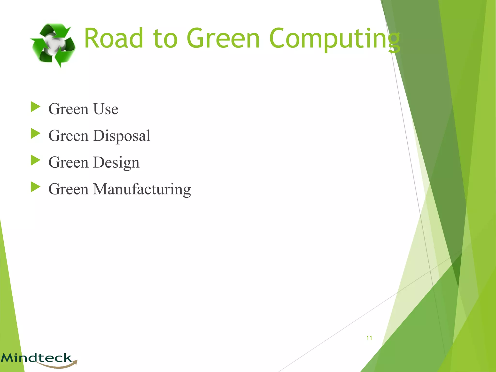 Road to Green Computing
 Green Use
 Green Disposal
 Green Design
 Green Manufacturing
11
 