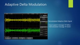 Adaptive Delta Modulation
Demodulated Adaptive Delta Signal
• Input speech message  Yellow
• Demodulated message  Green
 