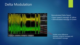 Delta Modulation
Demodulated Delta Signal:
• Input speech message  Yellow
• Demodulated message  Green
Visible noise difference
between original message and
demodulated message
 