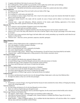 A regular at the Reform Club where he eats most of his meals.
        He is challenged by a fellow gambler to go around the world in eighty days and he takes up the challenge.
        His rationality, calmness, generosity and self-control impress the readers.
        Character traits – disciplined and meticulous, practical, generous, caring, brave, patient and calm, kind, confident
Jean Passepartout
        He appears in the initial stage of the novel itself, as the new butler of Mr. Fogg.
        He is 30 years old.
        He is looking for a solid routine and orderly life.
        He is an honest as well as a funny French man, who is loyal to his master and yet gets into situations that hinder his master’s
        plans to travel around the world.
        Passepartout endears himself to the reader with his warmth, his sense of humor and his ability to act bravely as well as
        comically.
        Character traits – eager and enthusiastic, efficient, protective of his master, quick thinking, appreciative of his travels,
        trustworthy, kind, honest, ignorant of local laws, funny and comical
Detective Fix
        He is a detective sent by the Bank of England to look for the bank robber.
        He is a short man with small eyes and bushy eyebrows.
        There is a major bank robbery in England around the same time that Fogg leaves for his journey round the world.
        Detective Fix is one of the many other detectives who seek to find the culprit so they can get a percentage of the stolen money
        as an award.
        He comes to the wrong conclusion that Fogg is the bank robber and is merely pretending to go around the world when his real
        purpose is to flee the law.
        Character traits – observant, curious, persistent, suspicious, deceitful, apologetic

Minor Characters
Aouda
         Aouda is a Parsee Indian princess who is orphaned at an early age.
         She is the daughter of wealthy merchant in Bombay
         Her family is killed by the bandits.
         She is a young and pretty girl who is captured by the bandits.
         Her cousin, Jeejah Jeejeeboy, is in Holland.
         She is rescued by Fogg’s group – Phileas Fogg, Jean Passepartout, Ali and Sir Francis from being killed by the bandits.
         Character traits – grateful and appreciative, caring, protective of her friends, concerned, sincere
Sir Francis Cromaty
         He is a tall and fair man
         He is 50 years old.
         He is a general in the British army stationed in Benares, India
         He meets Phileas Fogg on board the Mongolia and joins him on the train journey to Calcutta
         He thinks that Fogg is mad to attempt to travel around the world in 80 days
         He is brave and he takes part in the rescue of Aouda from the bandits
Ali the Guide
         He is the elephant handler and guide for the journey to Allahabad
         he is cautios as he avoids the bandits throughtout the journey to Allahabad
         He is brave and he takes part in the rescue of Aouda from the bandits
         He is appreciative of Phileas Fogg’s gesture of giving him Kiouni, the elephant
Colonel Proctor
         He is brave and determined to get the train cross the damaged bridge at high speed, a mile away from Medicine Bow
         He fights the outlaws as they try to rob the train passengers

Minor Characters
James Foster
         He had been a servant of Fogg’s, but Fogg had fired him because he had committed the minor offence of bringing the shaving
         water at the wrong temperature.
Diplomat Stephenson
         He waits along with detective Fix for the boat Mongolia to arrive at Suez.
         Daily, he would see English ships pass through the canal.
         The detective tells the consul that they must try and detain Fogg here, but the consul cannot do that lawfully and so doesn't.
Phileas Fogg’s Partners at the Reform Club
         The engineer, Andrew Stuart - challenges Fogg to go around the world in eighty days.
         John Sullivan & Samuel Fallentin – newspaper owner. Samuel Fallentin is confident that Phileas Fogg will win the bet.
         The landowner, Thomas Flanagan
         Ralph Gauthier – a Bank of England employee. He is confident that the bank detectives will catch the robber. He is sceptical
         that any man could travel around the world in 80 days
 