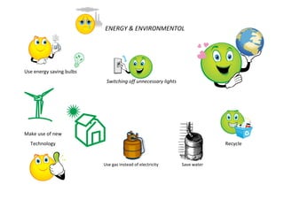 ENERGY & ENVIRONMENTOL
Use energy saving bulbs
Switching off unnecessary lights
Make use of new
Technology Recycle
Use gas instead of electricity Save water
 