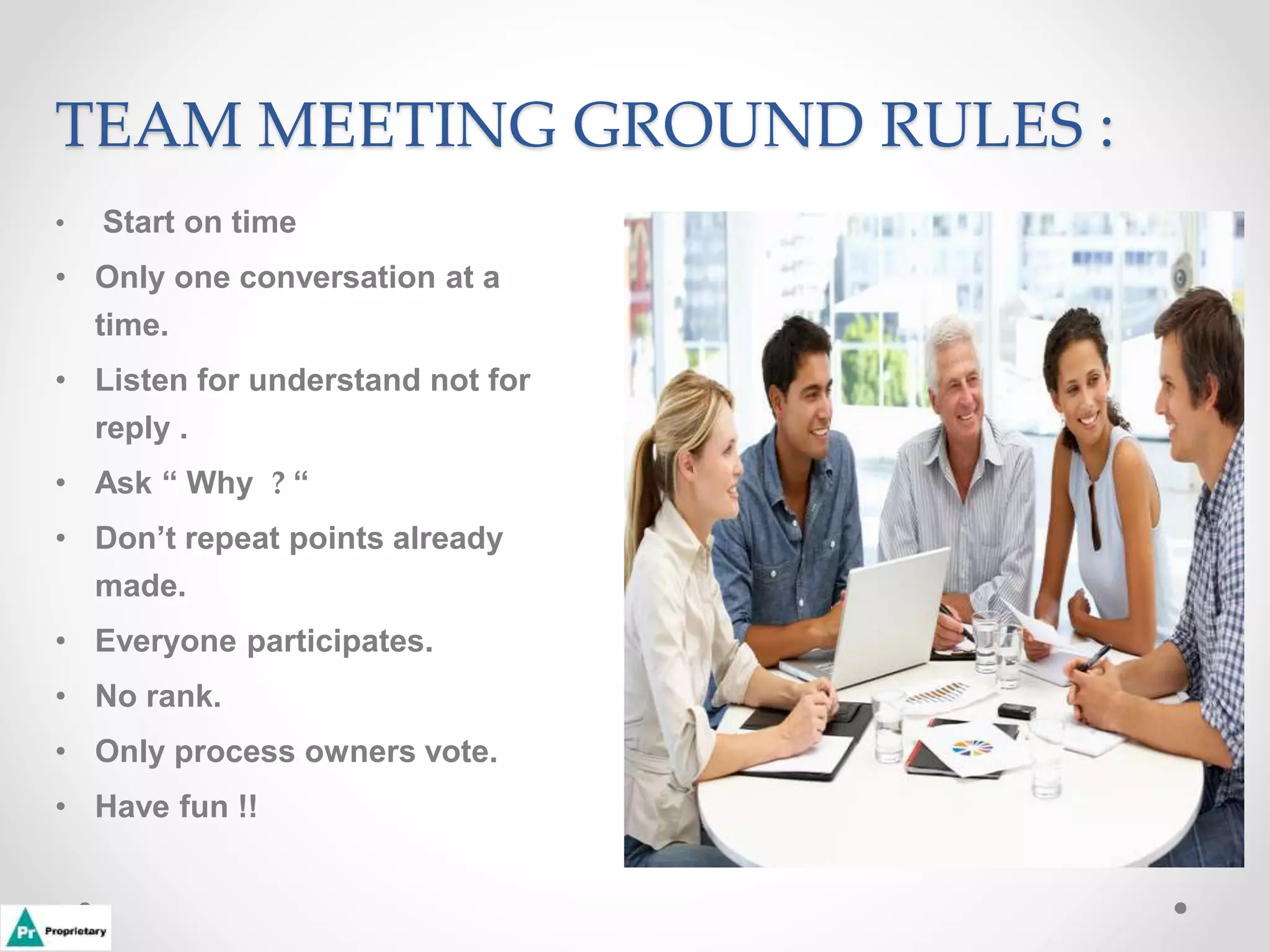 TEAM MEETING GROUND RULES :
• Start on time
• Only one conversation at a
time.
• Listen for understand not for
reply .
• Ask “ Why ? “
• Don’t repeat points already
made.
• Everyone participates.
• No rank.
• Only process owners vote.
• Have fun !!
 