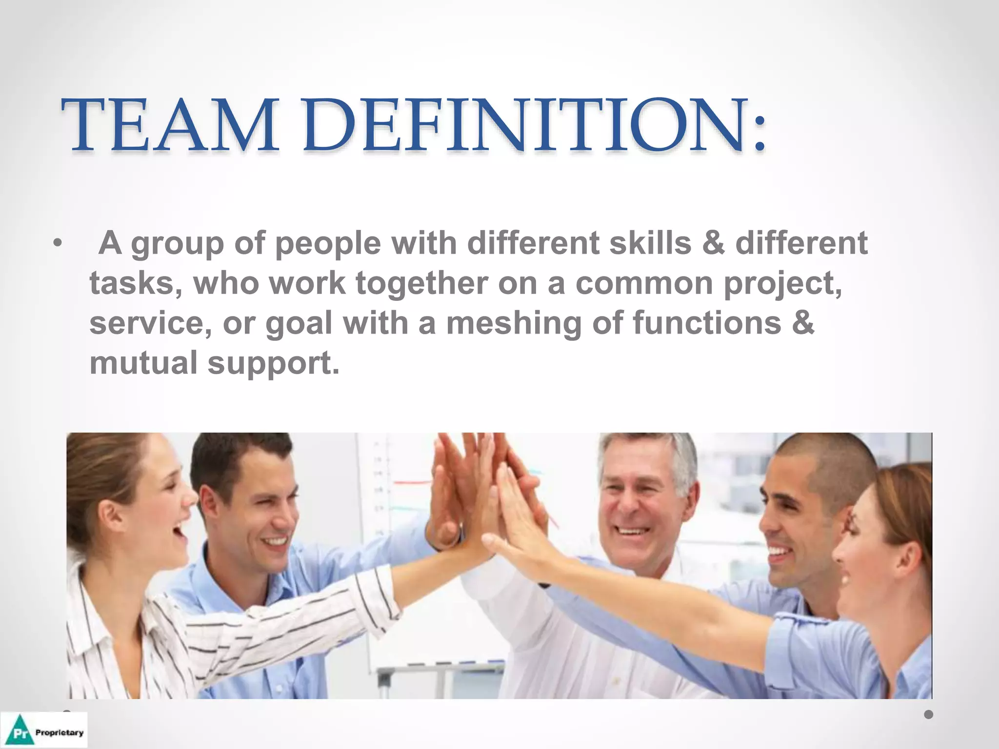 TEAM DEFINITION:
• A group of people with different skills & different
tasks, who work together on a common project,
service, or goal with a meshing of functions &
mutual support.
 