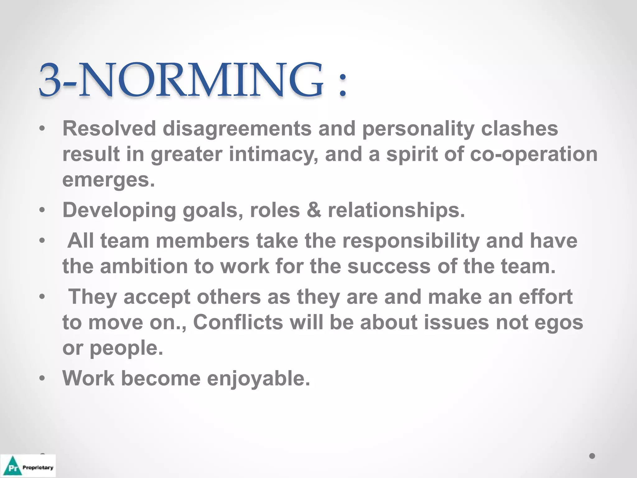 3-NORMING :
• Resolved disagreements and personality clashes
result in greater intimacy, and a spirit of co-operation
emerges.
• Developing goals, roles & relationships.
• All team members take the responsibility and have
the ambition to work for the success of the team.
• They accept others as they are and make an effort
to move on., Conflicts will be about issues not egos
or people.
• Work become enjoyable.
 