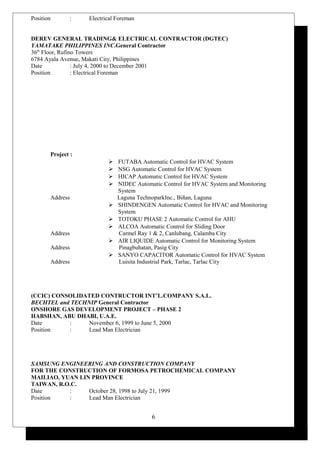 Position : Electrical Foreman
DEREV GENERAL TRADING& ELECTRICAL CONTRACTOR (DGTEC)
YAMATAKE PHILIPPINES INC.General Contractor
36th
Floor, Rufino Towers
6784 Ayala Avenue, Makati City, Philippines
Date : July 4, 2000 to December 2001
Position : Electrical Foreman
Project :
 FUTABA Automatic Control for HVAC System
 NSG Automatic Control for HVAC System
 HICAP Automatic Control for HVAC System
 NIDEC Automatic Control for HVAC System and Monitoring
System
Address Laguna TechnoparkInc., Biñan, Laguna
 SHINDENGEN Automatic Control for HVAC and Monitoring
System
 TOTOKU PHASE 2 Automatic Control for AHU
 ALCOA Automatic Control for Sliding Door
Address Carmel Ray 1 & 2, Canlubang, Calamba City
 AIR LIQUIDE Automatic Control for Monitoring System
Address Pinagbuhatan, Pasig City
 SANYO CAPACITOR Automatic Control for HVAC System
Address Luisita Industrial Park, Tarlac, Tarlac City
(CCIC) CONSOLIDATED CONTRUCTOR INT’L.COMPANY S.A.L.
BECHTEL and TECHNIP General Contractor
ONSHORE GAS DEVELOPMENT PROJECT – PHASE 2
HABSHAN, ABU DHABI, U.A.E.
Date : November 6, 1999 to June 5, 2000
Position : Lead Man Electrician
SAMSUNG ENGINEERING AND CONSTRUCTION COMPANY
FOR THE CONSTRUCTION OF FORMOSA PETROCHEMICAL COMPANY
MAILIAO, YUAN LIN PROVINCE
TAIWAN, R.O.C.
Date : October 28, 1998 to July 21, 1999
Position : Lead Man Electrician
6
 