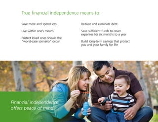 10
True financial independence means to:
Save more and spend less
Live within one’s means
Protect loved ones should the
“worst-case scenario” occur
Reduce and eliminate debt
Save sufficient funds to cover
expenses for six months to a year
Build long-term savings that protect
you and your family for life
Financial independence
offers peace of mind.
 