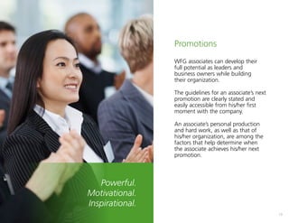 19
Promotions
WFG associates can develop their
full potential as leaders and
business owners while building
their organization.
The guidelines for an associate’s next
promotion are clearly stated and
easily accessible from his/her first
moment with the company.
An associate’s personal production
and hard work, as well as that of
his/her organization, are among the
factors that help determine when
the associate achieves his/her next
promotion.
Powerful.
Motivational.
Inspirational.
 