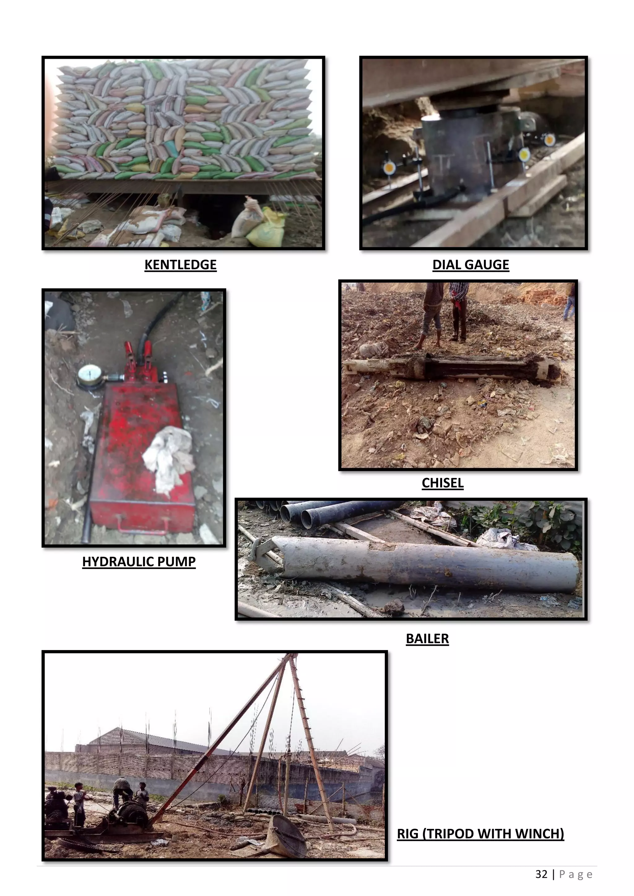 32 | P a g e
KENTLEDGE DIAL GAUGE
CHISEL
HYDRAULIC PUMP
BAILER
RIG (TRIPOD WITH WINCH)
 