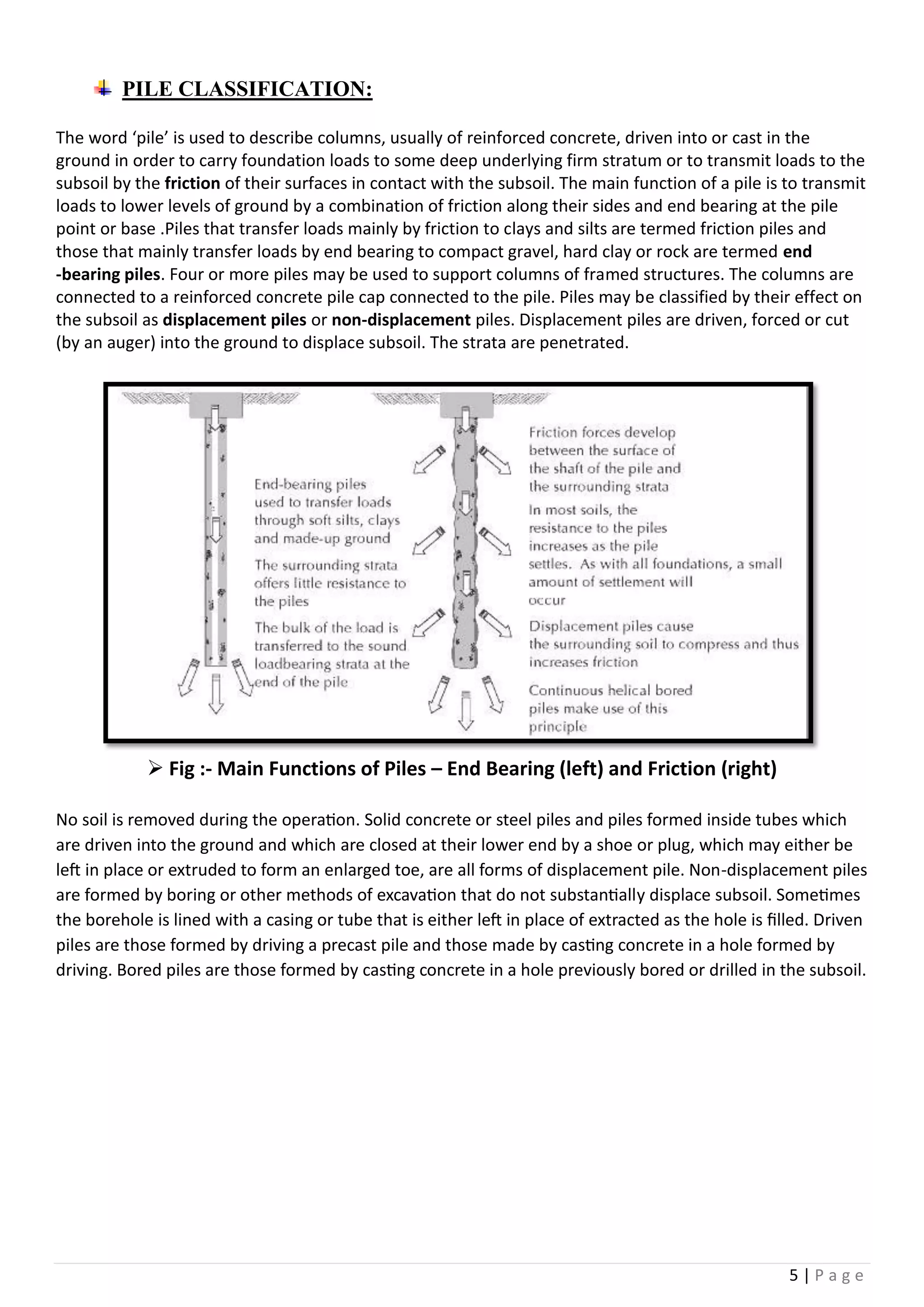 5 | P a g e
PILE CLASSIFICATION:
The word ‘pile’ is used to describe columns, usually of reinforced concrete, driven into or cast in the
ground in order to carry foundation loads to some deep underlying firm stratum or to transmit loads to the
subsoil by the friction of their surfaces in contact with the subsoil. The main function of a pile is to transmit
loads to lower levels of ground by a combination of friction along their sides and end bearing at the pile
point or base .Piles that transfer loads mainly by friction to clays and silts are termed friction piles and
those that mainly transfer loads by end bearing to compact gravel, hard clay or rock are termed end
-bearing piles. Four or more piles may be used to support columns of framed structures. The columns are
connected to a reinforced concrete pile cap connected to the pile. Piles may be classified by their effect on
the subsoil as displacement piles or non-displacement piles. Displacement piles are driven, forced or cut
(by an auger) into the ground to displace subsoil. The strata are penetrated.
 Fig :- Main Functions of Piles – End Bearing (left) and Friction (right)
No soil is removed during the operation. Solid concrete or steel piles and piles formed inside tubes which
are driven into the ground and which are closed at their lower end by a shoe or plug, which may either be
left in place or extruded to form an enlarged toe, are all forms of displacement pile. Non-displacement piles
are formed by boring or other methods of excavation that do not substantially displace subsoil. Sometimes
the borehole is lined with a casing or tube that is either left in place of extracted as the hole is filled. Driven
piles are those formed by driving a precast pile and those made by casting concrete in a hole formed by
driving. Bored piles are those formed by casting concrete in a hole previously bored or drilled in the subsoil.
 