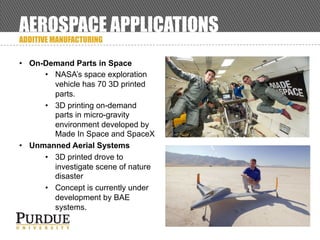 AEROSPACE APPLICATIONS
ADDITIVE MANUFACTURING
• On-Demand Parts in Space
• NASA’s space exploration
vehicle has 70 3D printed
parts.
• 3D printing on-demand
parts in micro-gravity
environment developed by
Made In Space and SpaceX
• Unmanned Aerial Systems
• 3D printed drove to
investigate scene of nature
disaster
• Concept is currently under
development by BAE
systems.
 