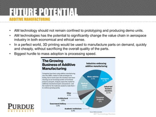 FUTURE POTENTIAL
ADDITIVE MANUFACTURING
• AM technology should not remain confined to prototyping and producing demo units.
• AM technologies has the potential to significantly change the value chain in aerospace
industry in both economical and ethical sense.
• In a perfect world, 3D printing would be used to manufacture parts on demand, quickly
and cheaply, without sacrificing the overall quality of the parts.
• Biggest hurdle to mass adoption is processing speed.
 