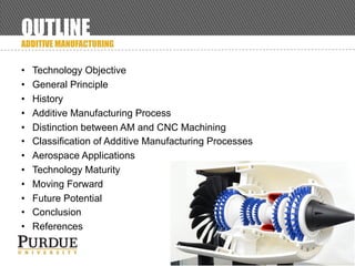 OUTLINE
ADDITIVE MANUFACTURING
• Technology Objective
• General Principle
• History
• Additive Manufacturing Process
• Distinction between AM and CNC Machining
• Classification of Additive Manufacturing Processes
• Aerospace Applications
• Technology Maturity
• Moving Forward
• Future Potential
• Conclusion
• References
 