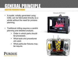 GENERAL PRINCIPLE
ADDITIVE MANUFACTURING
• A model, initially generated using
CAD, can be fabricated directly as a
whole without the need for process
planning.
• Traditional milling requires a careful
planning and detailed analysis.
• Order in which parts should
be processed,
• What tools and procedures
are used.
• What particular fixtures may
be require.
Consumer	3D	Printers
 