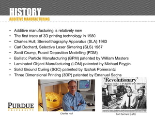 HISTORY
ADDITIVE MANUFACTURING
• Additive manufacturing is relatively new
• The first trace of 3D printing technology in 1980
• Charles Hull, Stereolithography Apparatus (SLA) 1983
• Carl Dechard, Selective Laser Sintering (SLS) 1987
• Scott Crump, Fused Deposition Modelling (FDM)
• Ballistic Particle Manufacturing (BPM) patented by William Masters
• Laminated Object Manufacturing (LOM) patented by Michael Feygin
• Solid Ground Curing (SGC) patented by Itzchak Pomerantz
• Three Dimensional Printing (3DP) patented by Emanuel Sachs
Charles	Hull Carl	Dechard (Left)
 