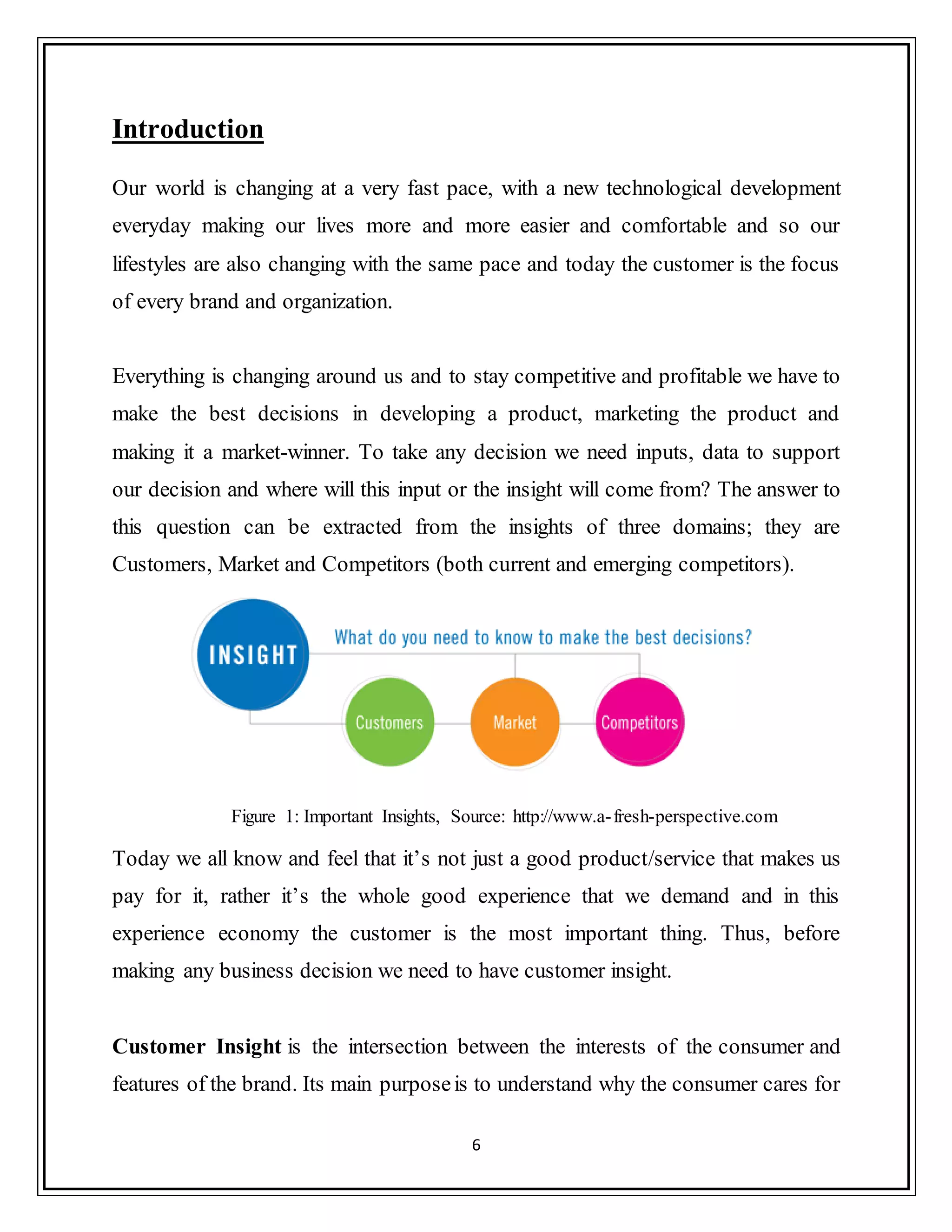 6
Introduction
Our world is changing at a very fast pace, with a new technological development
everyday making our lives more and more easier and comfortable and so our
lifestyles are also changing with the same pace and today the customer is the focus
of every brand and organization.
Everything is changing around us and to stay competitive and profitable we have to
make the best decisions in developing a product, marketing the product and
making it a market-winner. To take any decision we need inputs, data to support
our decision and where will this input or the insight will come from? The answer to
this question can be extracted from the insights of three domains; they are
Customers, Market and Competitors (both current and emerging competitors).
Figure 1: Important Insights, Source: http://www.a-fresh-perspective.com
Today we all know and feel that it‟s not just a good product/service that makes us
pay for it, rather it‟s the whole good experience that we demand and in this
experience economy the customer is the most important thing. Thus, before
making any business decision we need to have customer insight.
Customer Insight is the intersection between the interests of the consumer and
features of the brand. Its main purposeis to understand why the consumer cares for
 