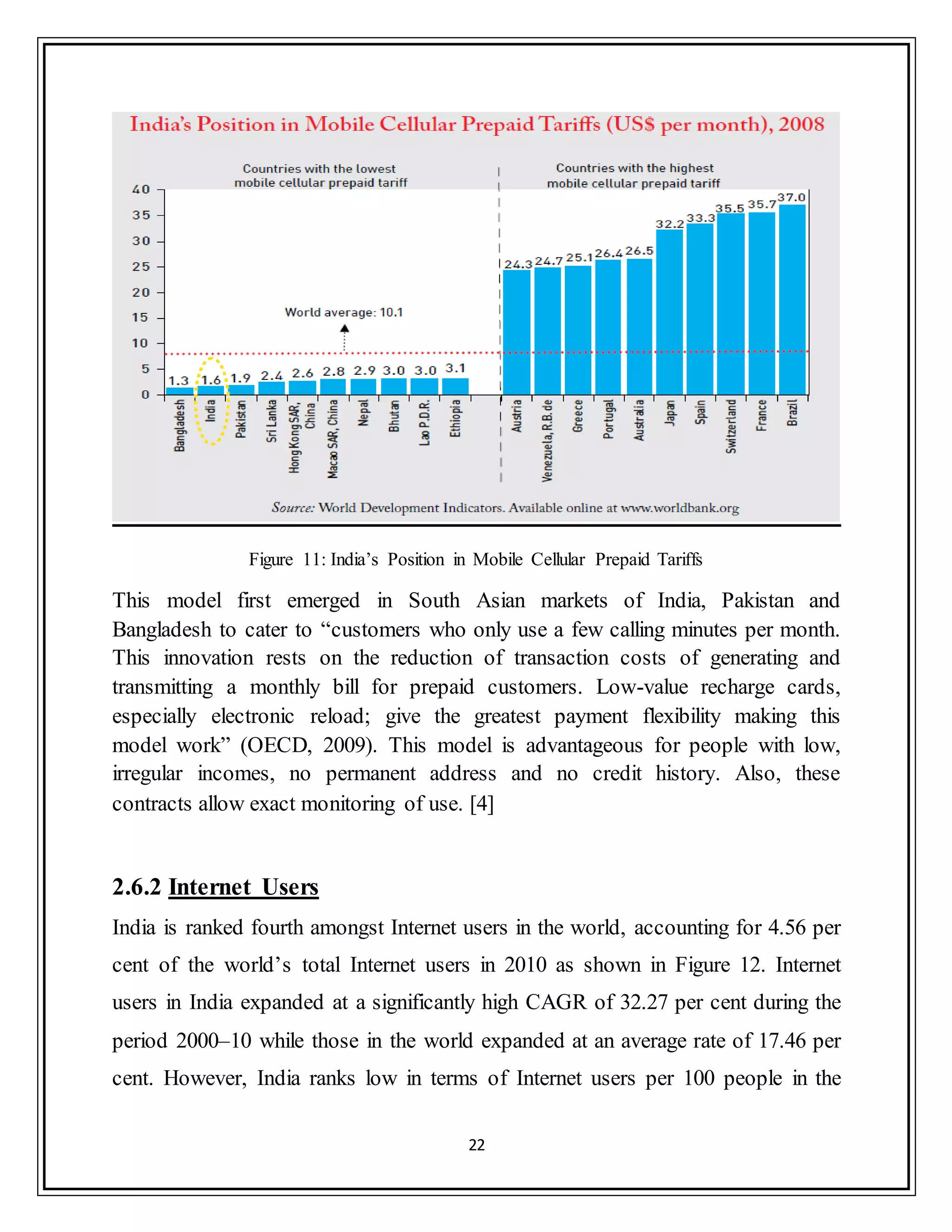 22
Figure 11: India‟s Position in Mobile Cellular Prepaid Tariffs
This model first emerged in South Asian markets of India, Pakistan and
Bangladesh to cater to “customers who only use a few calling minutes per month.
This innovation rests on the reduction of transaction costs of generating and
transmitting a monthly bill for prepaid customers. Low-value recharge cards,
especially electronic reload; give the greatest payment flexibility making this
model work” (OECD, 2009). This model is advantageous for people with low,
irregular incomes, no permanent address and no credit history. Also, these
contracts allow exact monitoring of use. [4]
2.6.2 Internet Users
India is ranked fourth amongst Internet users in the world, accounting for 4.56 per
cent of the world‟s total Internet users in 2010 as shown in Figure 12. Internet
users in India expanded at a significantly high CAGR of 32.27 per cent during the
period 2000–10 while those in the world expanded at an average rate of 17.46 per
cent. However, India ranks low in terms of Internet users per 100 people in the
 