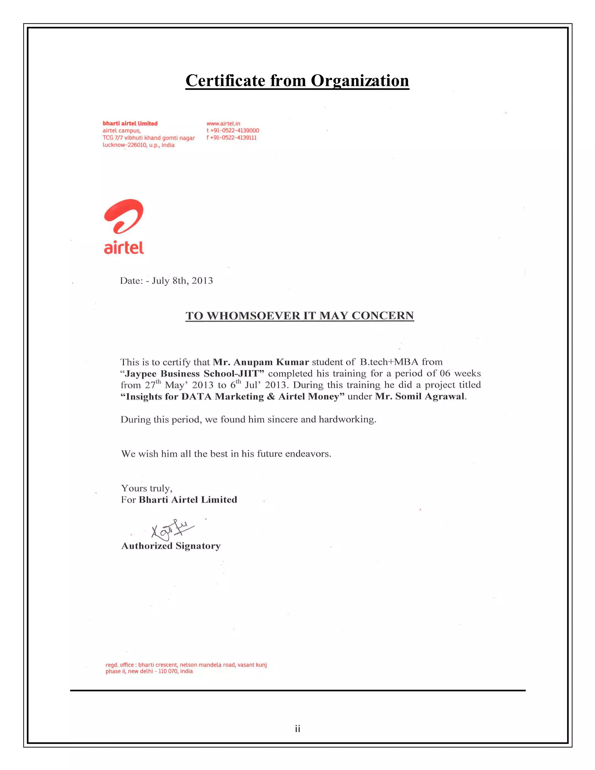 ii
Certificate from Organization
 