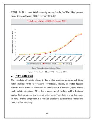 26
CAGR of 0.19 per cent. Wireless density increased at the CAGR of 64.65 per cent
during the period March 2000 to February 2012. [4]
Figure 15: Teledensity, March 2000 - February 2012
2.7 Why Wireless?
The popularity of mobile phones is due to their personal, portable, and digital
nature enabling people to be always “connected”. Further, the budget telecom
network model mentioned earlier and the ultra-low cost of handsets (Figure 16) has
made mobiles ubiquitous. More than a quarter of all handsets sold in India are
second-hand i.e. re-sold and recycled within India. These factors lower the barrier
to entry. On the supply side, it is relatively cheaper to extend mobile connections
than fixed line telephony.
 