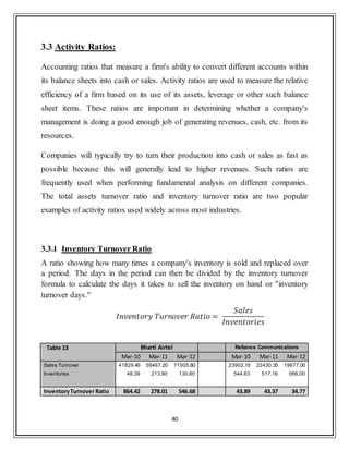 40
3.3 Activity Ratios:
Accounting ratios that measure a firm's ability to convert different accounts within
its balance sheets into cash or sales. Activity ratios are used to measure the relative
efficiency of a firm based on its use of its assets, leverage or other such balance
sheet items. These ratios are important in determining whether a company's
management is doing a good enough job of generating revenues, cash, etc. from its
resources.
Companies will typically try to turn their production into cash or sales as fast as
possible because this will generally lead to higher revenues. Such ratios are
frequently used when performing fundamental analysis on different companies.
The total assets turnover ratio and inventory turnover ratio are two popular
examples of activity ratios used widely across most industries.
3.3.1 Inventory Turnover Ratio
A ratio showing how many times a company's inventory is sold and replaced over
a period. The days in the period can then be divided by the inventory turnover
formula to calculate the days it takes to sell the inventory on hand or "inventory
turnover days."
Table 13 Bharti Airtel Reliance Communications
Mar-10 Mar-11 Mar-12 Mar-10 Mar-11 Mar-12
Sales Turnover 41829.46 59467.20 71505.80 23902.15 22430.35 19677.00
Inventories 48.39 213.90 130.80 544.63 517.16 566.00
InventoryTurnover Ratio 864.42 278.01 546.68 43.89 43.37 34.77
 