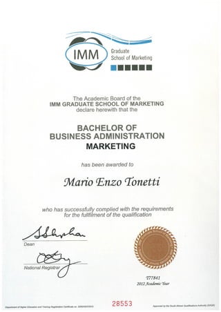 Mario IMM Degree Certificate