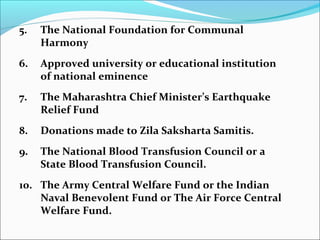 5.

The National Foundation for Communal
Harmony

6.

Approved university or educational institution
of national eminence

7.

The Maharashtra Chief Minister’s Earthquake
Relief Fund

8.

Donations made to Zila Saksharta Samitis.

9.

The National Blood Transfusion Council or a
State Blood Transfusion Council.

10. The Army Central Welfare Fund or the Indian
Naval Benevolent Fund or The Air Force Central
Welfare Fund.

 