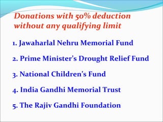Donations with 50% deduction
without any qualifying limit
1. Jawaharlal Nehru Memorial Fund
2. Prime Minister’s Drought Relief Fund
3. National Children’s Fund
4. India Gandhi Memorial Trust
5. The Rajiv Gandhi Foundation

 