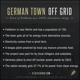 GERMAN TOWN OFF GRID 
T o w n o f F e l dhe i m u s e s 100% al t e rnat i v e e n e r g y 
• Feldheim is near Berlin and has a population of 150. 
• The town gets all of its energy from alternative sources. 
• Electricity comes from a wind farm. 
• A biogas plant powered by local pig manure provides heat. 
• The project was paid for by local villagers and subsidies. 
• Germany plans to shut off nuclear power plants by 2022. 
• The nation already gets 27.7% of its power from clean energy. 
N E WS F E AT H E R . C O M 
[ U N B I A S E D N E W S I N 1 0 L I N E S O R L E S S ] 
