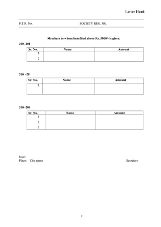 Letter Head
P.T.R. No. SOCIETY REG. NO.
Members to whom benefited above Rs. 5000/- is given.
200 -201
Sr. No. Name Amount
1
2
200 -20
Sr. No. Name Amount
1
200 -200
Sr. No. Name Amount
1
2
3
Date:
Place: City name Secretary
2
 