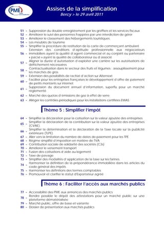 Assises de la simplification
                               Bercy > le 29 avril 2011



51   -   Suppression du double enregistrement par les greffiers et les services fiscaux
52   -   Améliorer le suivi des personnes frappées par une interdiction de gérer
53   -   Améliorer le classement des hébergements touristiques
54   -   Les meublés de tourisme
55   -   Simplifier la procédure de restitution de la carte de commerçant ambulant
         Extension des conditions d’aptitude professionnelle aux négociateurs
56 -     immobiliers ayant la qualité d’agent commercial et au conjoint ou partenaire
         « pacsé » ayant la qualité de collaborateur ou d’associé
         Aligner la durée d’autorisation d’exploiter une carrière sur les autorisations de
57 -
         défrichement nécessaires
         Contractualisation dans le secteur des fruits et légumes : assouplissement pour
58 -
         les marchés de gros
59 -     Extension des possibilités de rachat d’action sur Alternext
         Faciliter pour les entreprises françaises le développement d’offre de paiement
60 -
         de petits montants sur internet
         Suppression du document annuel d’information, superflu pour un marché
61 -
         réglementé
62 - Marché des quotas d’émissions de gaz à effet de serre
63 - Alléger les contrôles périodiques pour les installations certifiées EMAS


                   Thème 5 : Simplifier l’impôt
64 - Simplifier la déclaration pour la cotisation sur la valeur ajoutée des entreprises
     Simplifier la déclaration de la contribution sur la valeur ajoutée des entreprises
65 -
     (CVAE).
     Simplifier la détermination et la déclaration de la Taxe locale sur la publicité
66 -
     extérieure (TLPE).
67 - Aller vers la limitation du nombre de dates de paiement pour les TPE
68 - Régime simplifié d’imposition en matière de TVA
69 - Contribution sociale de solidarité des sociétés (C3s)
70 - Améliorer le versement transport
71 - Fusion des cotisations d’aide au logement
72 - Taxe de pavage
73 - Simplifier des modalités d’application de la taxe sur les farines.
     Harmoniser la définition de la prépondérance immobilière dans les articles du
74 -
     code général des impôts
75 - Harmoniser les définitions des termes comptables
76 - Promouvoir et clarifier le statut d'Exportateur agréé


                   Thème 6 : Faciliter l’accès aux marchés publics
77 - Accessibilité des PME aux annonces des marchés publics
     Rendre possible le dépôt des attestations pour un marché public sur une
78 -
     plateforme dématérialisée
79 - Marché public, offre de base et variante
80 - Dossier de présentation aux marchés publics
 