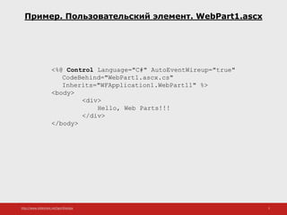 http://www.slideshare.net/IgorShkulipa 5
Пример. Пользовательский элемент. WebPart1.ascx
<%@ Control Language="C#" AutoEventWireup="true"
CodeBehind="WebPart1.ascx.cs"
Inherits="WFApplication1.WebPart11" %>
<body>
<div>
Hello, Web Parts!!!
</div>
</body>
 